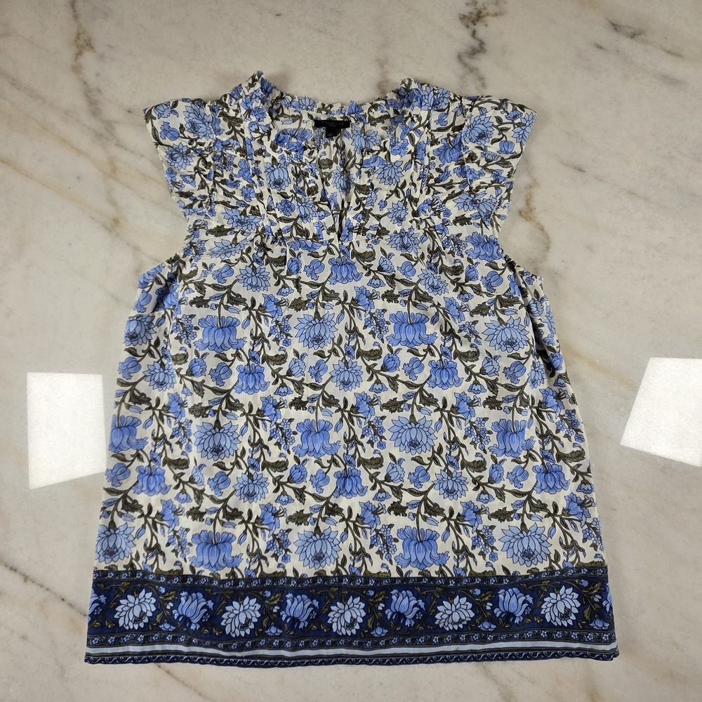 Talbots Petite Blue Floral Blouse Cap Sleeve Coastal Grandmother Preppy‎ Boho